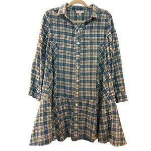 CALISTA buttondown light flannel dress, oversized, medium blue and gray plaid